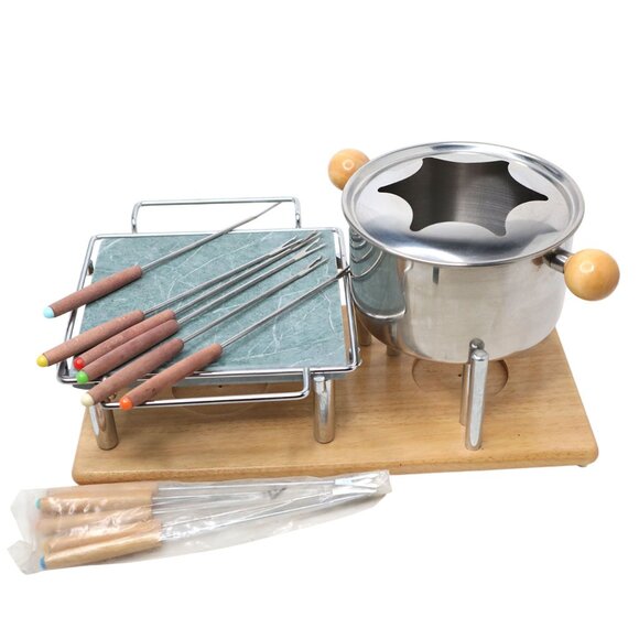 2-in-1 Fondue & Hot Stone Cooking Set | Wood Base, Stainless Pot & Granite Stone - Picture 11 of 11